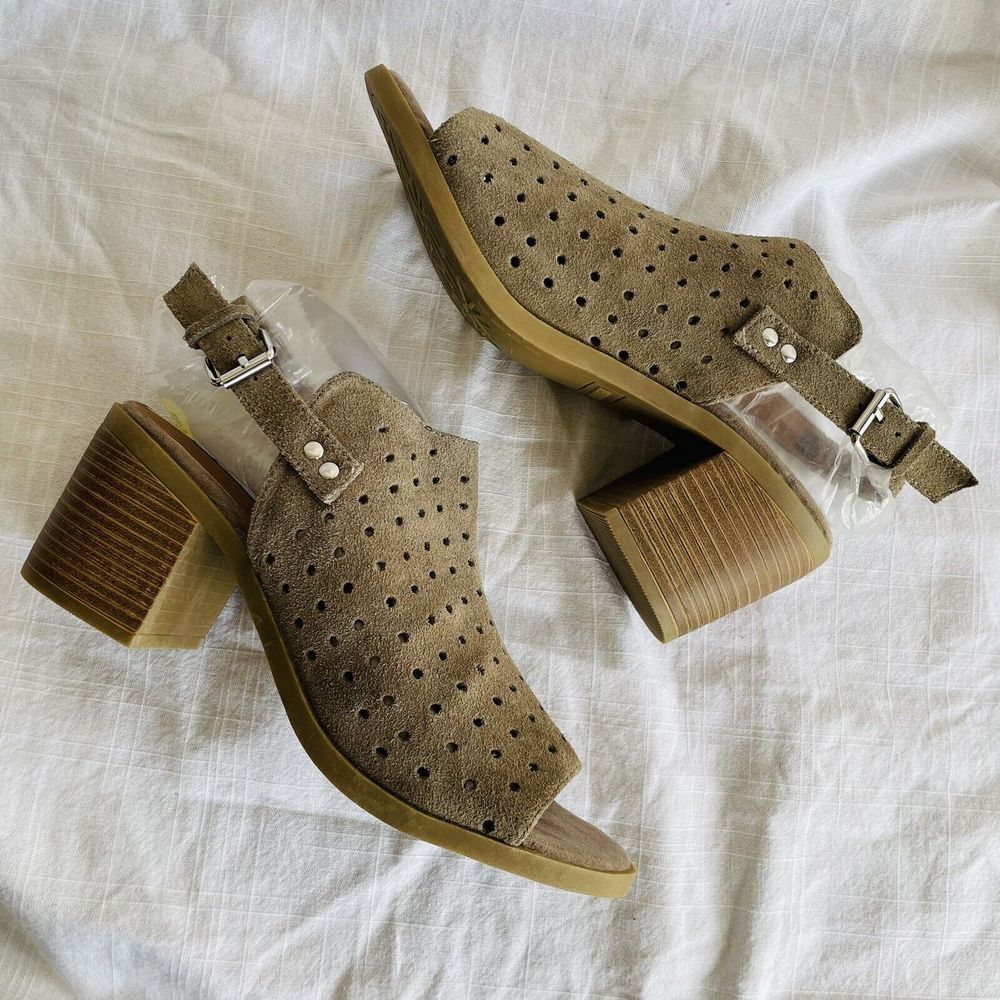 Steve Madden Ginelle 9‎ Perforated Suede Slingback Block Heel Sandals Taupe EUC